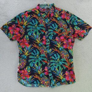 Amongst Others Hawaiian Shirt Mens Large Pink Green Floral Short Sleeve